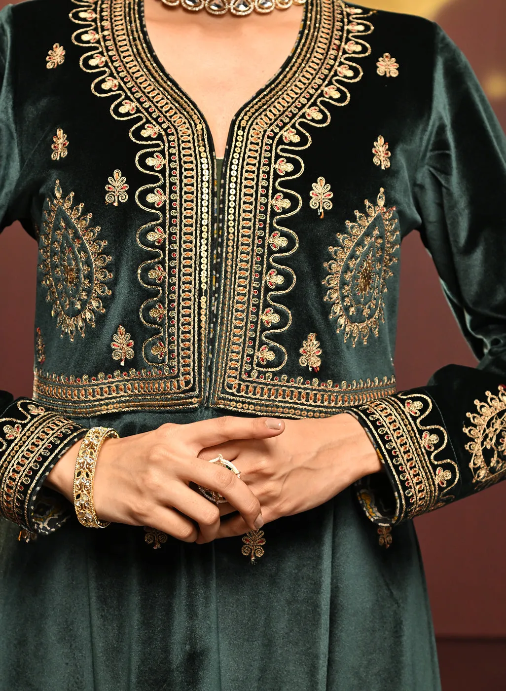 Shanaya Bottle Green Embroidered Velvet Kurta Set for Women