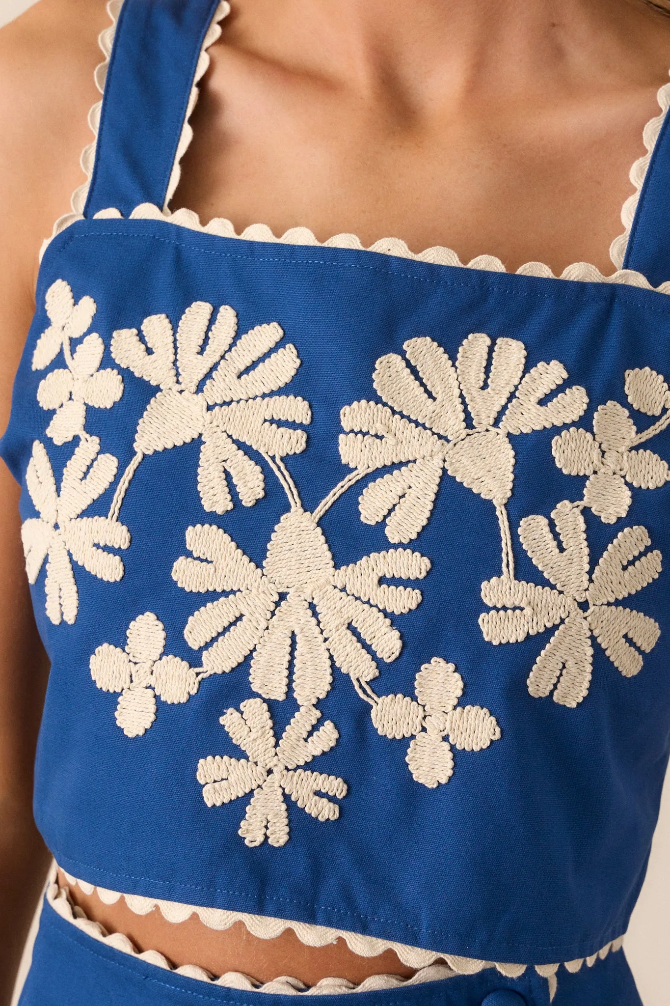 Take Me There Blue Embroidered Floral Cropped Top
