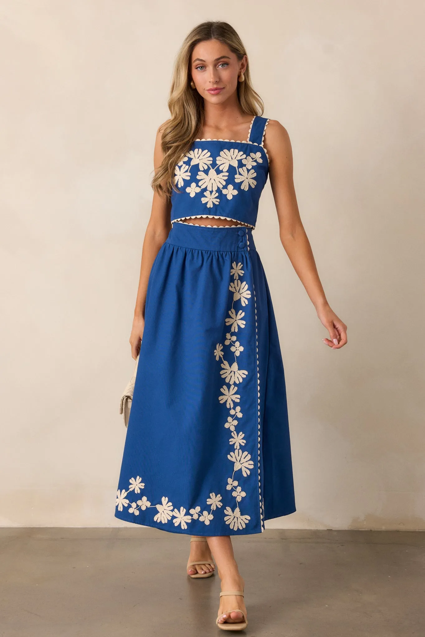 Take Me There Blue Embroidered Floral Cropped Top