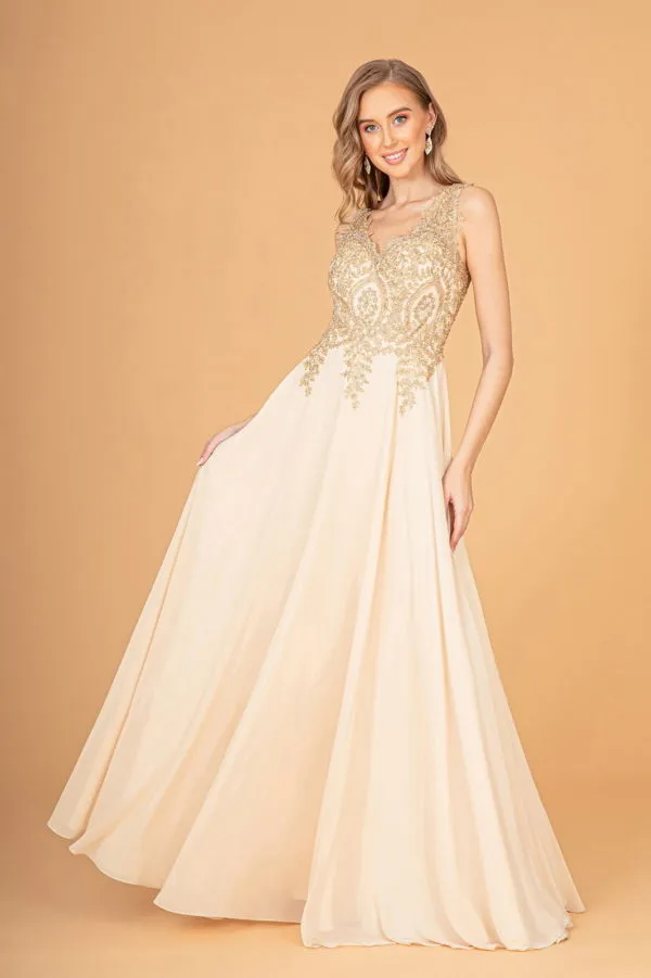 V-Neck Embroidered Chiffon Long Dress