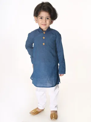 VASTRAMAY Boys Blue and White Pure Cotton Kurta Pyjama Set