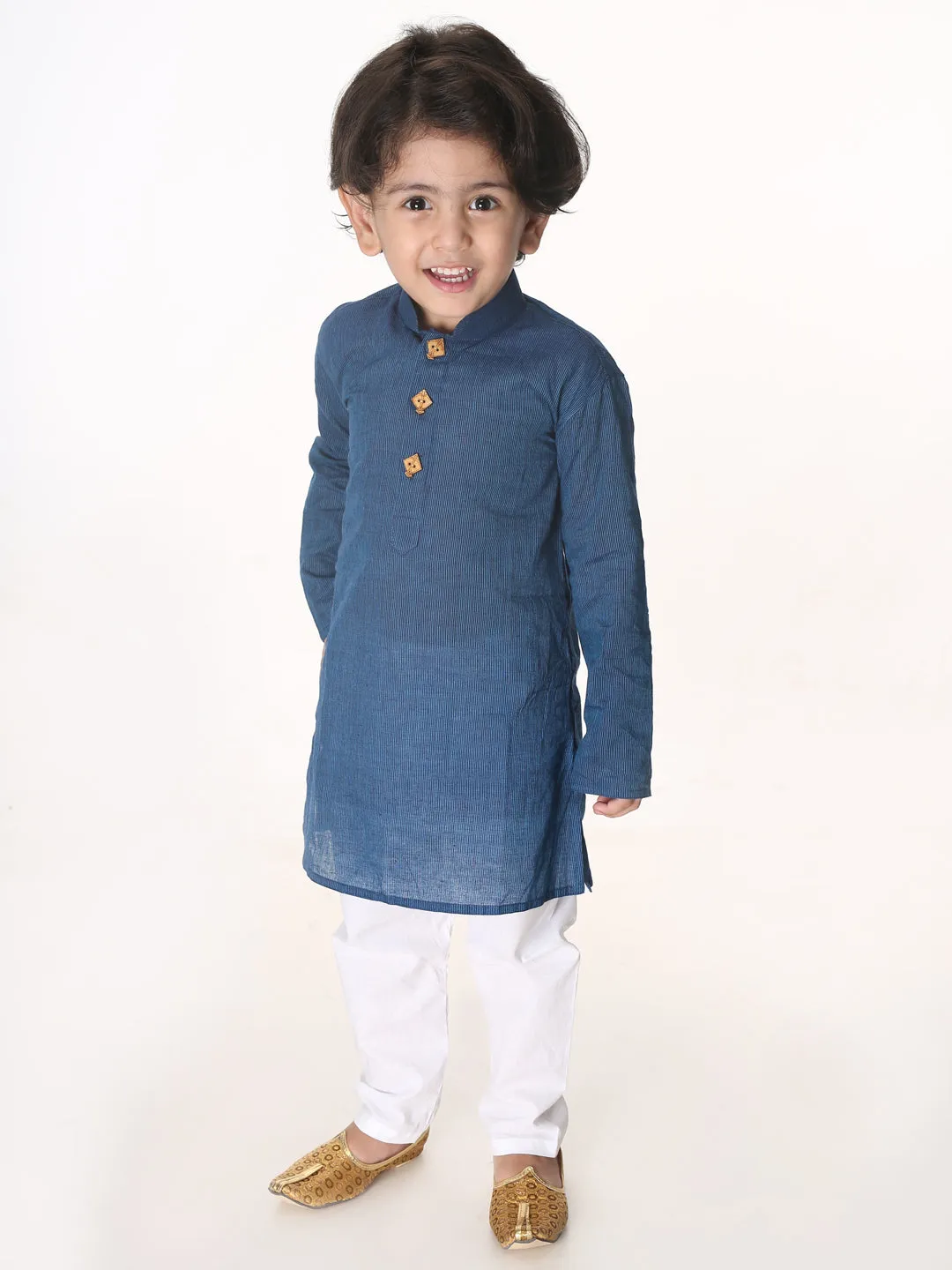 VASTRAMAY Boys Blue and White Pure Cotton Kurta Pyjama Set