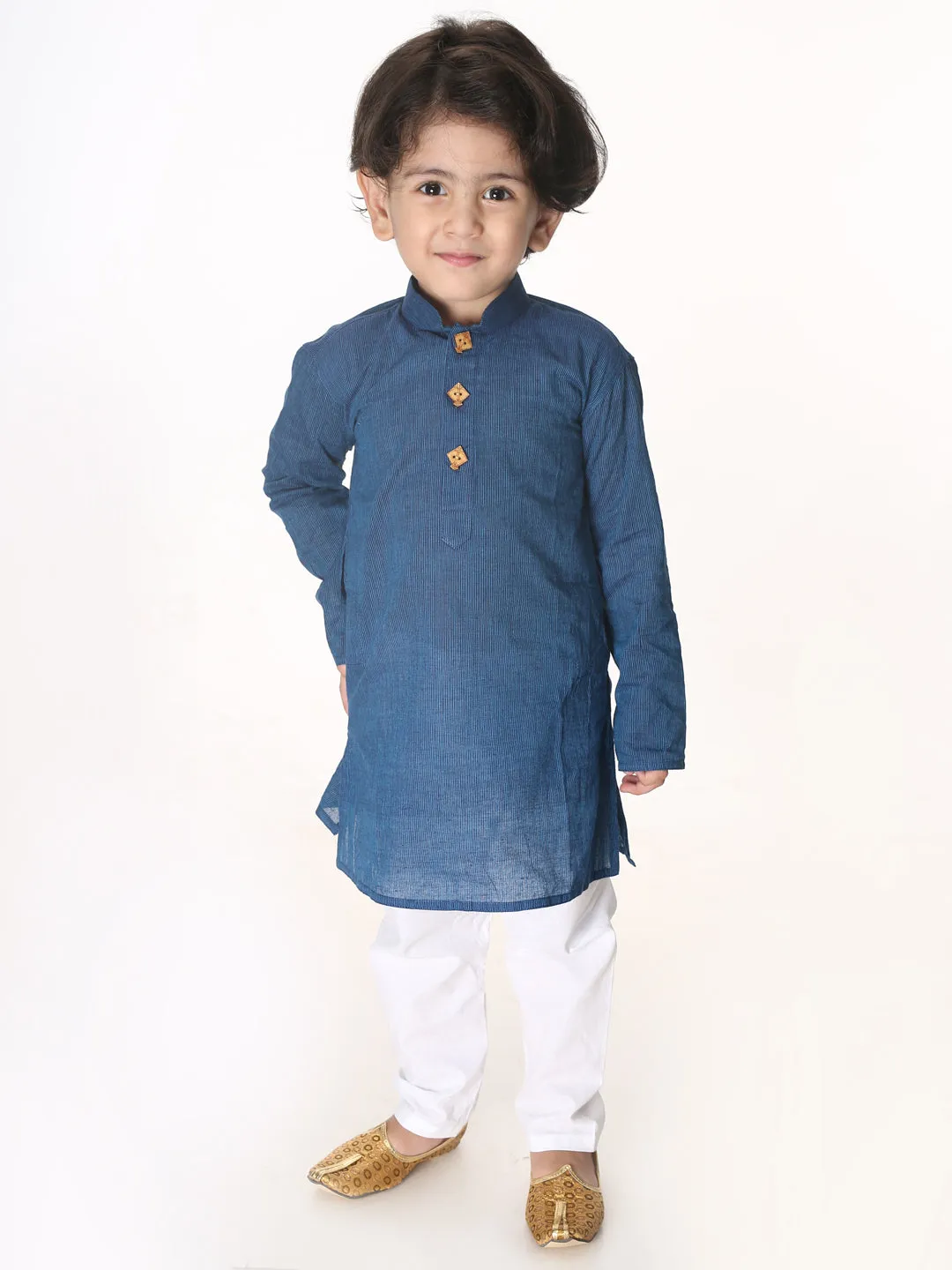 VASTRAMAY Boys Blue and White Pure Cotton Kurta Pyjama Set