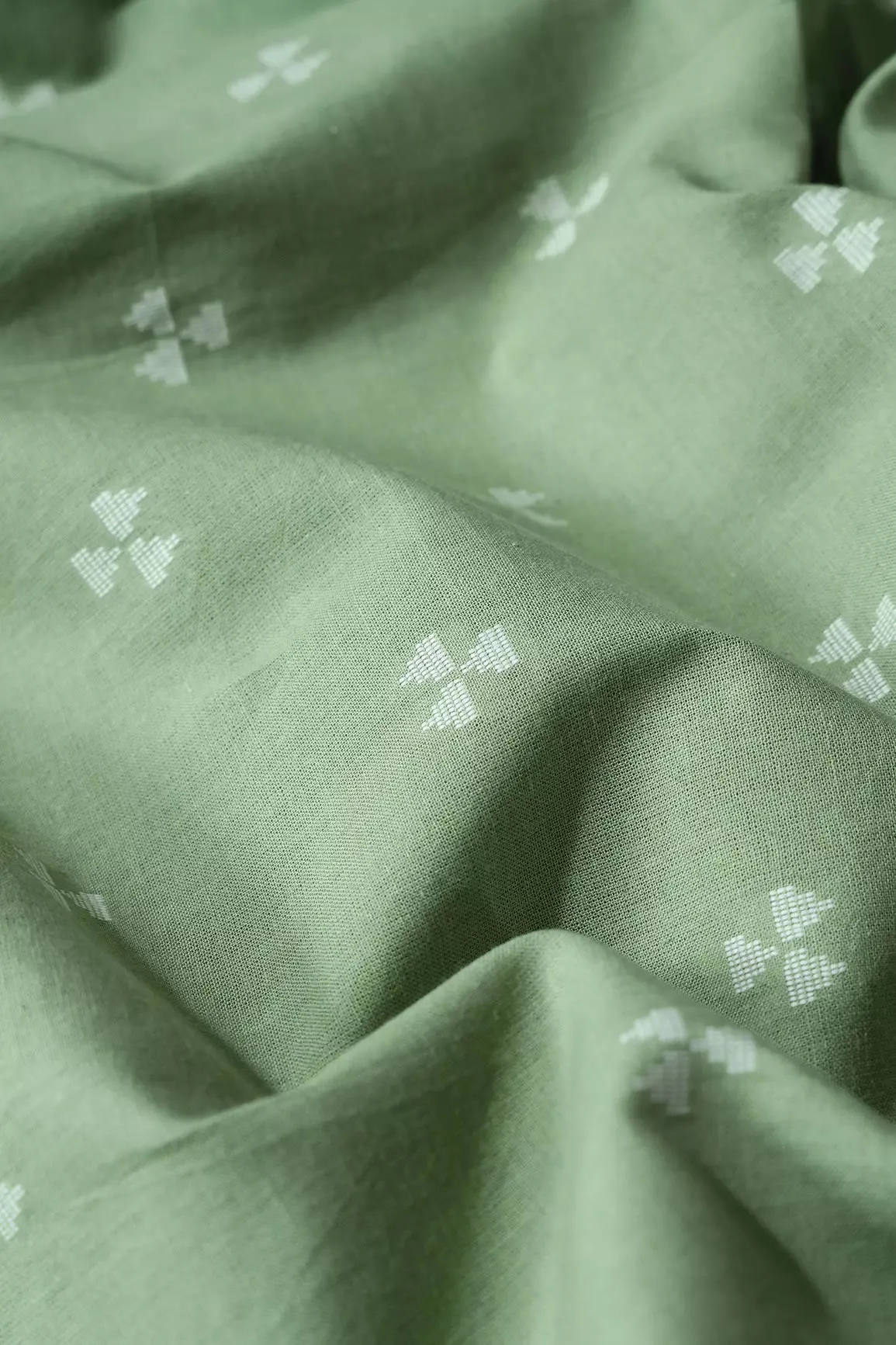 White And Olive Geometric Pattern On Handwoven Organic Cotton Fabric