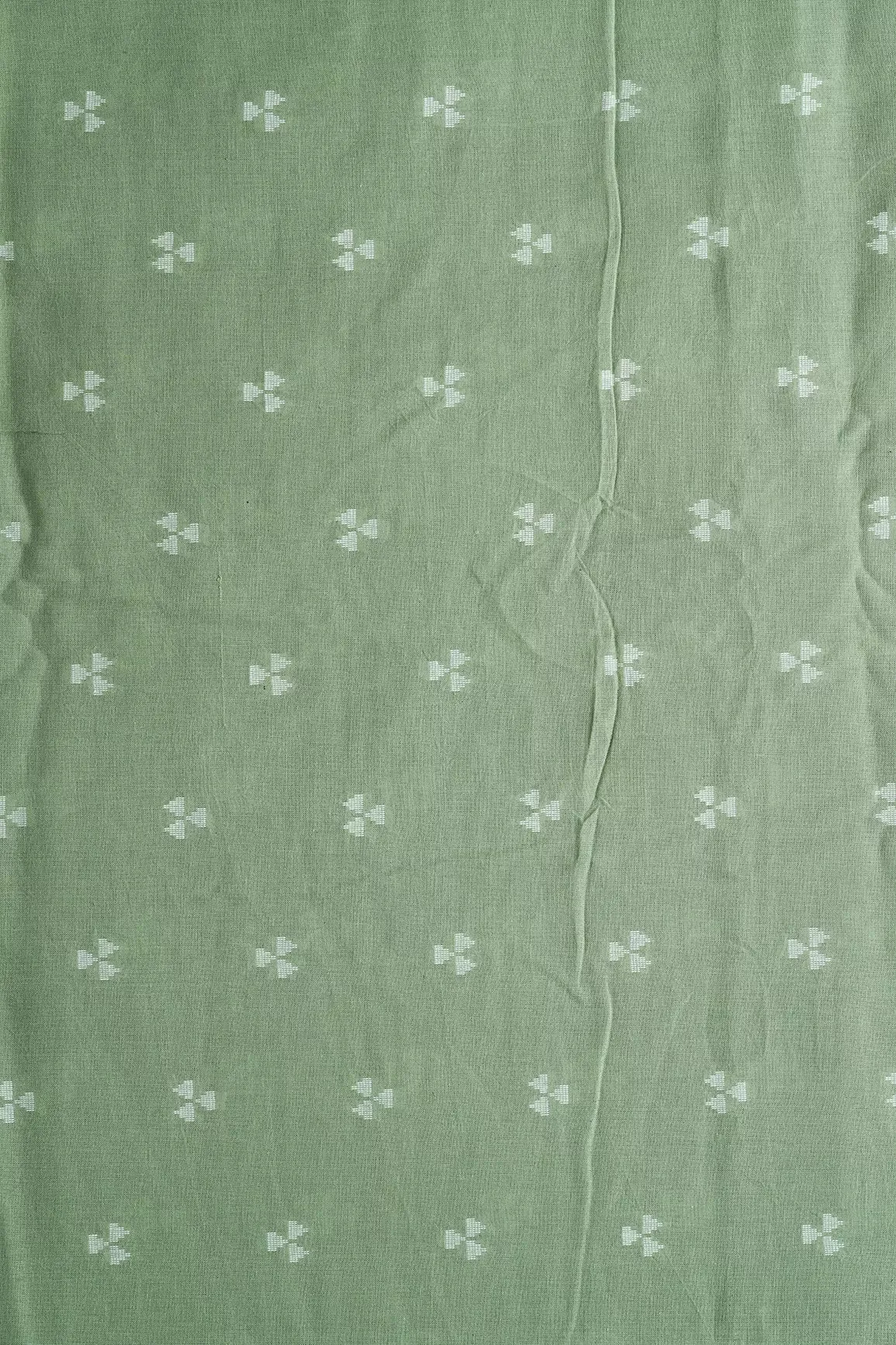 White And Olive Geometric Pattern On Handwoven Organic Cotton Fabric
