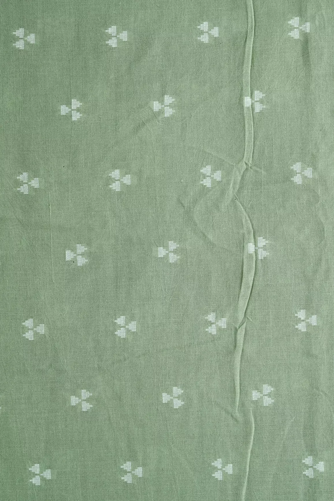 White And Olive Geometric Pattern On Handwoven Organic Cotton Fabric