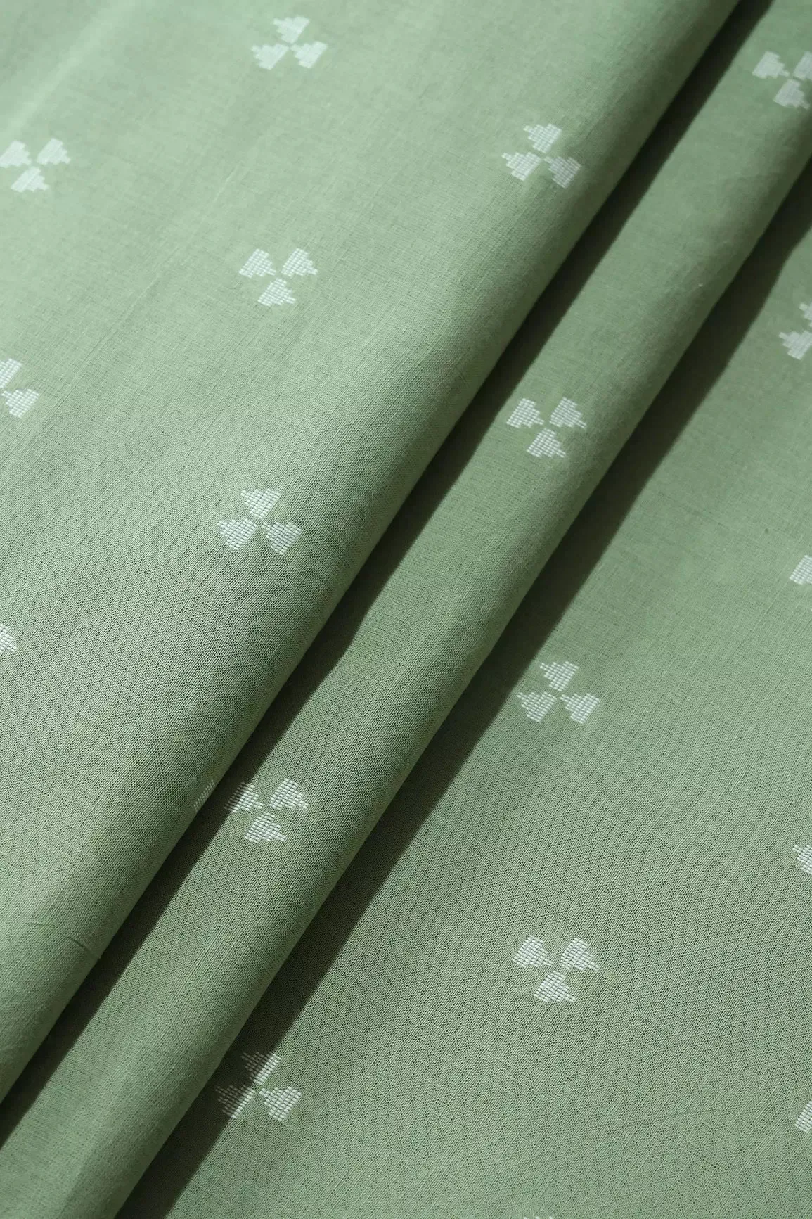 White And Olive Geometric Pattern On Handwoven Organic Cotton Fabric