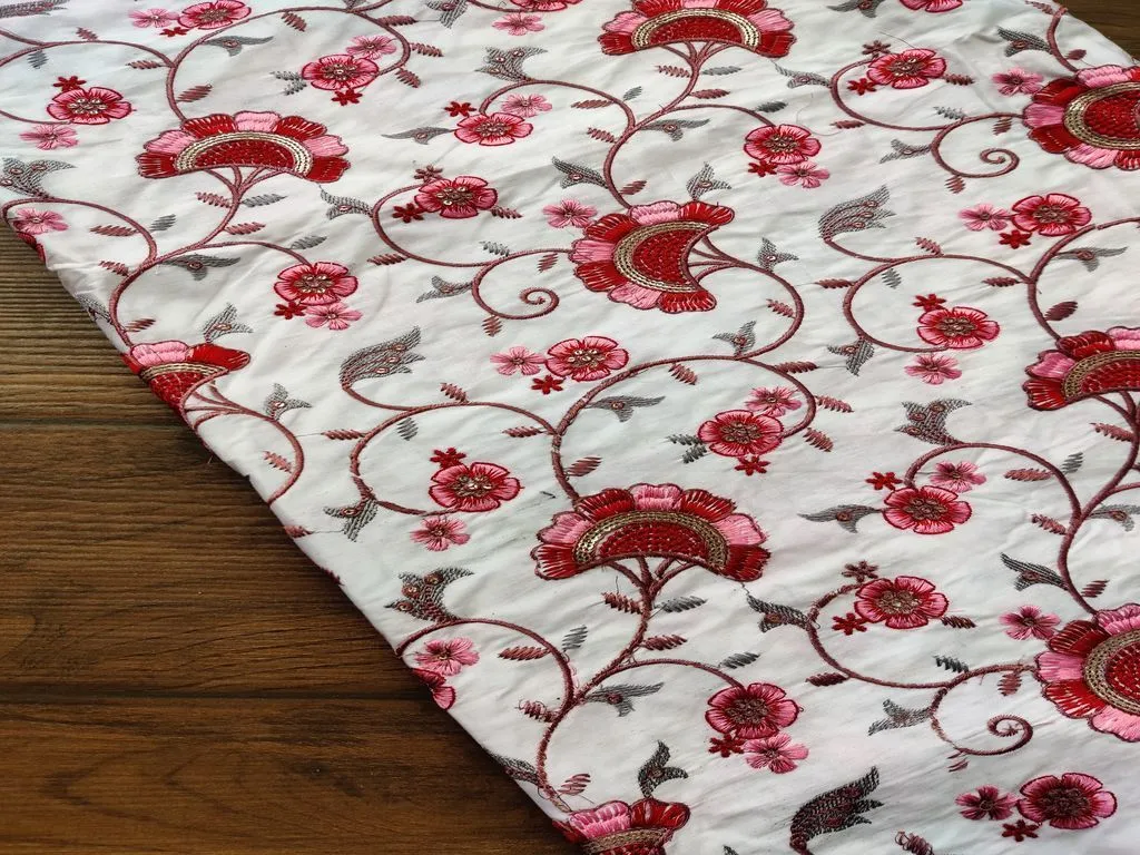 White Maroon Flowers Heavy Embroidered Cotton Fabric
