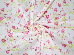 White Pink Green Flowers Pure Cotton Fabric