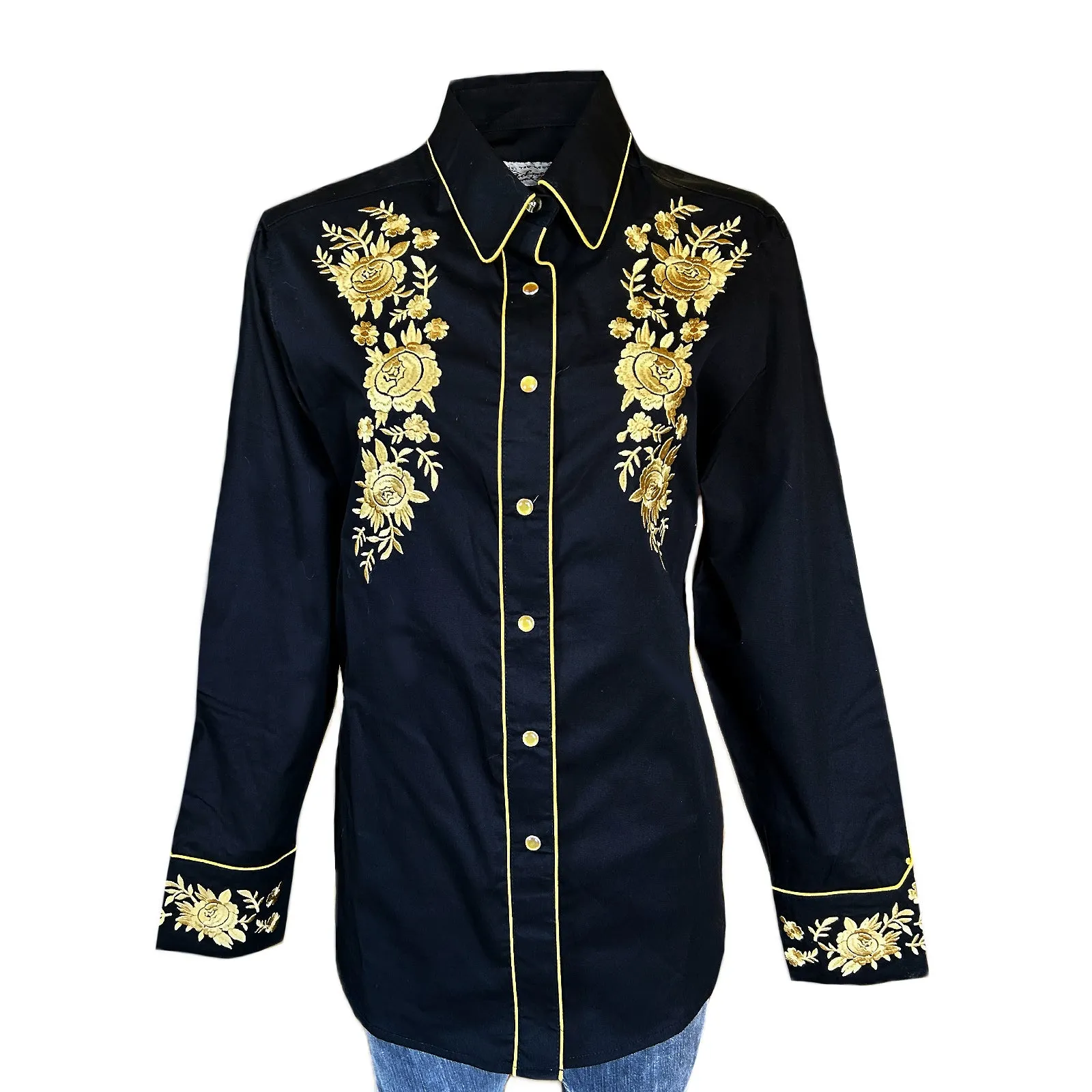 Women's Vintage Black Cascading Floral Embroidered Western Shirt